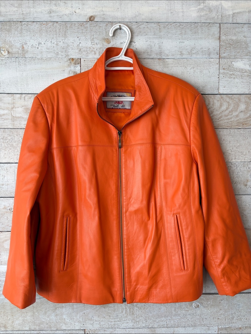 Orange Genuine Leather Zip Front Jacket – Retro Statement Coat